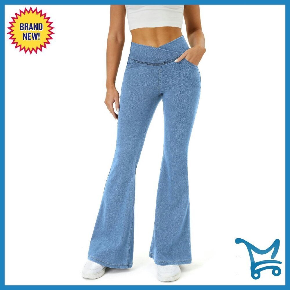 Stretchy Bell Bottom Jeans with Pockets Tummy Control Butt Lifting Jeggings